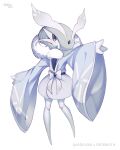  1girl absurdres antennae arm_up arthropod_girl artist_name bangs barefoot bellavoirr blue_bow blue_eyes blue_kimono blue_theme blush bob_cut bow character_name clothed_pokemon colored_skin commentary crystal dated english_commentary english_text flat_chest frosmoth full_body fur_collar fusion gardevoir gen_3_pokemon gen_8_pokemon grey_hair grey_skin hair_ornament hair_over_one_eye highres japanese_clothes kimono long_sleeves looking_at_viewer moth_girl outstretched_arms pokemon pokemon_(creature) shiny shiny_hair shiny_skin short_hair signature simple_background slit_pupils solo standing white_background wide_sleeves 