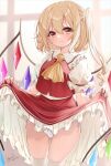  1girl artist_name ascot ass_visible_through_thighs blonde_hair blurry blurry_background blush closed_mouth clothes_lift commentary_request cowboy_shot crystal dated eyebrows_visible_through_hair flandre_scarlet frilled_shirt_collar frilled_skirt frills hair_between_eyes haruki_(colorful_macaron) highres lifted_by_self medium_hair no_hat no_headwear one_side_up panties puffy_short_sleeves puffy_sleeves red_eyes red_skirt red_vest shirt short_sleeves side-tie_panties signature skirt skirt_lift skirt_set solo thighhighs touhou underwear vest white_legwear white_panties white_shirt window wings wrist_cuffs yellow_neckwear 