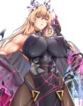  1girl abs armor bangs bare_shoulders biceps black_dress black_gloves blonde_hair breasts brown_legwear chain covered_navel dress elbow_gloves fate/grand_order fate_(series) gauntlets gawain_(fairy_knight)_(fate) gloves green_eyes heterochromia horns large_breasts long_hair looking_at_viewer muscular muscular_female pantyhose pauldrons pelvic_curtain red_eyes shoulder_armor sideboob single_gauntlet single_pauldron solo toned zucchini 