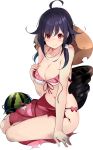  1girl bikini black_hair food fruit full_body hat kantai_collection kujou_ichiso long_hair official_art print_sarong red_eyes red_sarong remodel_(kantai_collection) ryuuhou_(kancolle) sarong solo sun_hat swimsuit taigei_(kancolle) torn_clothes torn_sarong transparent_background watermelon 