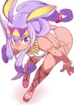  1girl animal_ears ass back bare_shoulders bent_over bracelet breasts dark-skinned_female dark_skin egyptian_clothes fate/grand_order fate_(series) hairband highres jackal_ears jewelry kosame_daizu long_hair looking_at_viewer nitocris_(fate) parted_lips purple_eyes purple_hair sandals solo staff 