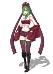  1girl :d absurdres alternate_costume bangs bigboo boots bra breasts brown_footwear cleavage contrapposto english_commentary eyebrows_visible_through_hair front_ponytail full_body green_eyes green_hair hair_ribbon highres jacket jacket_removed kagiyama_hina looking_at_viewer medium_breasts medium_hair navel open_mouth red_bra red_jacket red_legwear red_ribbon red_shorts ribbon shadow shorts simple_background smile solo standing thighhighs touhou underwear white_background 