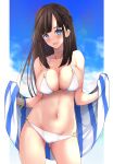 1girl ass_visible_through_thighs bangs bare_shoulders bikini black_hair blue_eyes blue_sky blush bracelet breasts cleavage cloud collarbone contrapposto cowboy_shot eyebrows_visible_through_hair groin highres jewelry large_breasts long_hair looking_at_viewer mole mole_on_breast mole_under_mouth navel o-ring o-ring_bikini o-ring_bottom o-ring_top original revision sidelocks sky smile solo standing swimsuit thighs towel untue white_bikini 
