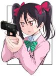  1girl absurdres aiming black_hair bow bowtie gun hair_bow handgun highres holding holding_gun holding_weapon love_live! love_live!_school_idol_project outside_border pistol red_eyes school_uniform simple_background solo sweater twintails upper_body weapon wewe white_background yazawa_nico 