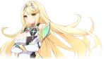  1girl bangs bare_shoulders blonde_hair breasts chest_jewel cleavage cleavage_cutout clothing_cutout earrings elbow_gloves gloves highres jewelry large_breasts long_hair mythra_(xenoblade) rx7649 solo swept_bangs tiara very_long_hair white_gloves xenoblade_chronicles_(series) xenoblade_chronicles_2 yellow_eyes 