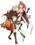  armor bare_shoulders blonde_hair blush boots bow braid breast_grab breasts brown_eyes cape capelet celica_(fire_emblem) choker dress faye_(fire_emblem) fingerless_gloves fire_emblem fire_emblem_echoes:_shadows_of_valentia fire_emblem_heroes flustered gloves grabbing groping hair_bow hair_ribbon highres long_hair priestess princess red_eyes red_hair ribbon skirt thigh_boots thighhighs tiara wani_(fadgrith) yuri 