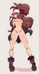  1girl absurdres baseball_cap bikini blue_eyes boots breasts brown_hair curly_hair hat high_ponytail highres hilda_(pokemon) large_breasts long_hair nac000 pokemon pokemon_(game) pokemon_bw sidelocks solo swimsuit thighhighs 
