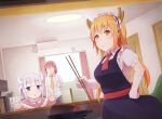  3girls absurdres air_conditioner arapi blonde_hair blue_eyes breasts child chopsticks cooking cup door dragon_girl dragon_horns dragon_tail flat_chest food frying_pan glasses gloves highres horns indoors kanna_kamui kobayashi-san_chi_no_maidragon kobayashi_(maidragon) lamp large_breasts long_hair long_sleeves low_twintails maid maid_headdress meat multiple_girls necktie ponytail red_hair shirt silver_hair tail tohru_(maidragon) twintails window yellow_eyes 