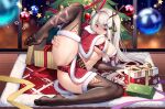  bikini cape christmas elbow_gloves food fruit gloves headband horns long_hair niliu_chahui original pupupu red_eyes ribbons skirt spread_legs strawberry swimsuit thighhighs tree twintails white_hair 