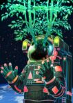  1other astronaut broken broken_glass cloud crack cracked_glass earth_(planet) glass glowing green_outline highres leaf open_hands original outline planet seiya_(artist) solo space space_helmet spacesuit tree 