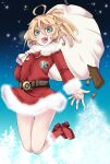  1girl blonde_hair blue_eyes boots bullet christmas gun hal_(goshujinomocha) highres jumping medal medallion night night_sky sack santa_boots santa_costume sky snow tanya tanya_degurechaff thighs torn_bag weapon winter youjo_senki 