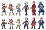  1girl 5boys archie_(pokemon) backpack bag bandana beanie beard bike_shorts black_jacket black_pants black_shirt blue_hair boots bow_hairband brendan_(pokemon) brown_hair coat commentary dual_persona english_commentary facial_hair glasses green_bag green_hair green_pants hairband hand_on_hip hands_on_hips hat holding holding_poke_ball hyo_oppa jacket legs_apart long_sleeves maxie_(pokemon) may_(pokemon) multiple_boys open_clothes open_coat pants pigeon-toed pixel_art poke_ball pokemon pokemon_(game) pokemon_oras pokemon_rse red_footwear red_hair shirt shoes short_hair short_sleeves shorts skirt sleeveless sleeveless_shirt socks standing steven_stone wally_(pokemon) white_headwear white_shirt white_shorts white_skirt 