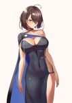  1girl absurdres ahoge armlet asymmetrical_clothes azur_lane baltimore_(azur_lane) baltimore_(evening_breeze_minuet)_(azur_lane) bangs black_cape black_choker black_dress blue_cape braid breasts brown_hair cape choker cleavage closed_mouth collarbone commentary covered_navel cowboy_shot dress evening_gown eyebrows_visible_through_hair french_braid hair_between_eyes highres large_breasts looking_at_viewer manu_(pixiv41646715) official_alternate_costume short_hair sideless_outfit sidelocks simple_background single_bare_shoulder skindentation solo standing strapless strapless_dress two-tone_cape white_background yellow_eyes 