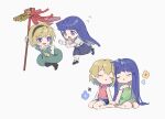  2girls :d :o bangs bell black_hairband black_legwear black_skirt blonde_hair blue_hair blunt_bangs bow bowtie chasing chibi closed_eyes commentary denim denim_shorts dress eyebrows_visible_through_hair fang flying_sweatdrops full_body furude_rika green_dress hairband highres higurashi_no_naku_koro_ni hoe holding houjou_satoko jingle_bell long_hair looking_at_another looking_back multiple_girls multiple_views neckerchief no_nose onigirihitotsu open_mouth pantyhose parted_lips pink_neckwear pink_shirt running sailor_collar shirt short_hair short_sleeves shorts sitting skin_fang skirt sleeveless sleeveless_shirt smile suspender_skirt suspenders wariza white_background yellow_neckwear 