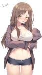  1girl arm_up bangs blue_shorts blush breasts brown_eyes brown_hair cardigan chukibabo2 clothes_lift commentary commission copyright_request cowboy_shot dolphin_shorts highres large_breasts lifted_by_self long_hair long_sleeves midriff navel open_cardigan open_clothes parted_lips purple_cardigan shirt shirt_lift short_shorts shorts sideways_glance simple_background sleeves_past_fingers sleeves_past_wrists solo standing tearing_up v-shaped_eyebrows white_background white_shirt 