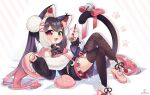  1girl absurdres angelica_(k3lly) animal_ears asymmetrical_legwear bangs black_hair black_legwear dip-dyed_hair green_eyes hair_ornament hairclip highres indie_virtual_youtuber long_hair mismatched_legwear nail_polish pink_footwear qiu_yue_(vtuber) red_eyes solo tail white_hair 