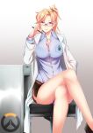  1girl adjusting_eyewear black_skirt blonde_hair blue_eyes blue_shirt blush breast_pocket breasts button_gap buttons chair cleavage closed_mouth coat crossed_legs desk doctor dress_shirt feet_out_of_frame glasses hair_tie highres holding holding_pencil id_card labcoat large_breasts long_hair long_sleeves looking_at_viewer megatama mercy_(overwatch) miniskirt office_chair open_clothes open_coat overwatch overwatch_(logo) pencil pocket ponytail red-framed_eyewear semi-rimless_eyewear shirt side_slit sitting skirt smile solo white_coat 