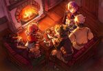  2girls 3boys arianna_caledonia bertrand_de_gervaise bread chloe_de_gervaise couch cup eating ezroseven fafnir_no_kishi_(sekaiju) fireplace flavio_(sekaiju) food glasses indoors lying mug multiple_boys multiple_girls on_side pink_hair purple_hair sekaiju_no_meikyuu shin_sekaiju_no_meikyuu_2 sitting table white_hair 