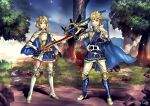  blonde_hair blue_eyes boots braid cape circlet fire_emblem fire_emblem_warriors flower francislugfran frilled_skirt frills garter_straps hair_flower hair_ornament hairpin holding holding_sword holding_weapon lianna_(fire_emblem) pants prince princess rowan_(fire_emblem) sash short_hair short_sleeves siblings skirt smile spiked_hair sunflower sunflower_hair_ornament sword thigh_boots thighhighs thighs tiara twins weapon 