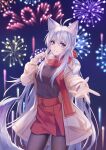  1girl absurdres animal_ear_fluff animal_ears antenna_hair bangs breasts breath chinese_commentary coat commentary cowboy_shot extra_ears eyebrows_visible_through_hair fireworks fox_ears fox_tail grey_hair hair_between_eyes highres kirby_d_a long_hair looking_at_viewer open_clothes open_coat original purple_eyes reaching_out red_scarf scarf skirt smile solo tail very_long_hair white_hair winter_clothes winter_coat 