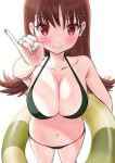  1girl bangs bikini blurry blurry_foreground blush breasts brown_hair cleavage eyebrows_visible_through_hair green_bikini highres holding holding_innertube innertube jewelry kantai_collection kujira_naoto large_breasts long_hair looking_at_viewer ooi_(kancolle) pinky_out red_eyes ring simple_background smile solo swimsuit wavy_mouth wedding_band white_background 