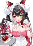  1girl animal_ears bangs black_hair breasts cake cleavage commission dip-dyed_hair food fruit green_eyes hair_ornament hairclip indie_virtual_youtuber long_hair pink_hair qiu_yue_(vtuber) skeb_commission solo strawberry tail tail_ornament tototete white_background white_hair 