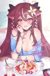  1girl animal_ears bangs bead_bracelet beads blue_shirt bracelet breasts brown_hair choker cleavage commission cup eyebrows_visible_through_hair floppy_ears flower food indie_virtual_youtuber jewelry lilya_kyomi_(fiwivt) long_hair open_mouth pancake shirt skeb_commission solo virtual_youtuber ygcn 