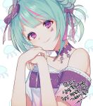  1girl bow braid collarbone eyebrows_visible_through_hair green_hair hair_bow hands_together jellyfish multicolored_hair nijisanji nijisanji_kr off_shoulder purple_belt purple_bow purple_hair smile so_nagi_(artist) solo streaked_hair third-party_source upper_body virtual_youtuber wiffy 