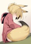  1girl animal_ear_fluff animal_ears blonde_hair blush bottomless cum_on_mask dutch_angle eyebrows_visible_through_hair fox_ears fox_tail hair_over_eyes highres hood hoodie notice_lines ogami_kazuki original pink_hoodie solo tail thick_eyebrows yellow_eyes 