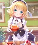  1girl bangs blonde_hair blue_eyes blunt_bangs blush cake center_frills character_name commentary_request cup eyebrows_visible_through_hair fleur_de_lapin_uniform food frilled_hairband frills fruit gochuumon_wa_usagi_desu_ka? hairband hand_on_own_chest happy_birthday head_tilt holding holding_teapot indoors kirima_sharo looking_at_viewer mozukun43 plate puffy_short_sleeves puffy_sleeves short_hair short_sleeves smile solo strawberry strawberry_shortcake teacup teapot twitter_username waitress wrist_cuffs 