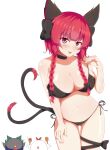  1girl :p animal_ears bangs bare_shoulders bikini black_bikini black_bow black_choker black_ribbon blunt_bangs bow braid breasts cat_ears cat_tail choker cleavage collarbone commentary_request eyebrows_visible_through_hair hair_bow hair_ribbon hand_up highres kaenbyou_rin large_breasts leg_ribbon long_hair multiple_tails navel nekomata niwatari_kutaka_(chicken) red_eyes red_hair reiuji_utsuho reiuji_utsuho_(bird) ribbon seo_haruto side-tie_bikini slit_pupils solo strap_pull swimsuit tail tongue tongue_out touhou tress_ribbon twin_braids twintails two_tails 