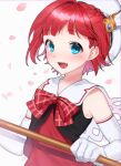  1girl absurdres asahina_akane_(nijisanji) bangs beret blue_eyes bow elbow_gloves eyebrows_visible_through_hair fang flat_chest gloves hat highres holding holding_staff looking_at_viewer nijisanji open_mouth red_bow red_hair sailor_collar short_hair smile so_nagi_(artist) solo staff virtual_youtuber white_gloves white_headwear 