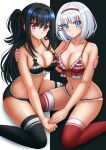  2girls :o bangs bare_arms bare_shoulders bikini black_background black_bikini black_hair black_legwear blue_eyes blush closed_mouth commentary eyebrows_visible_through_hair feet_out_of_frame frilled_bikini frills hair_between_eyes highres kazenokaze long_hair multiple_girls natsunagi_nagisa navel one_side_up parted_lips red_bikini red_eyes red_legwear shadow siesta_(tantei_wa_mou_shindeiru) silver_hair sitting smile striped striped_bikini swimsuit tantei_wa_mou_shindeiru thighhighs two-tone_background very_long_hair wariza white_background 