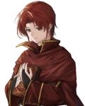  1boy azelle_(fire_emblem) book cape fire_emblem fire_emblem:_genealogy_of_the_holy_war gold_trim holding holding_book jewelry kandori_makoto long_sleeves looking_at_viewer male_focus red_eyes red_hair ring simple_background solo solo_focus white_background 