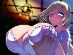  1girl bangs blonde_hair blue_eyes blurry blush breast_grab breasts ceiling cleavage covered_nipples crossed_bangs deep_skin depth_of_field eyebrows_visible_through_hair frills from_below ga_bunko grabbing hand_up huge_breasts hundred indoors long_hair looking_at_viewer nightgown novel_illustration official_art one_eye_closed ookuma_nekosuke outside_border parted_lips serbia_notredame_paulo_iii short_sleeves solo_focus textless upper_body 