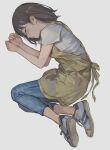  1girl apron bangs black_hair blush denim fetal_position highres jeans lying medium_hair on_side original pants shirt shoes short_sleeves sneakers solo sweat utaka_(anyoanyot) white_footwear white_shirt 