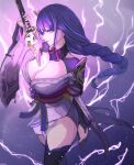  1girl armor bangs braid breasts bridal_gauntlets cleavage coattails commentary electricity english_commentary genshin_impact hair_ornament highres holding holding_sword holding_weapon japanese_clothes katana kimono large_breasts light_particles long_hair long_sleeves looking_at_viewer mitsudomoe_(shape) moppo open_mouth purple_background purple_eyes purple_hair raiden_(genshin_impact) ribbon sash sheath shoulder_armor simple_background solo sword tassel thighhighs tomoe_(symbol) unsheathing weapon wide_sleeves 