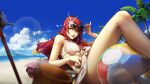  ball bangs beach beachball breasts brown_eyes bucket can cloud english_commentary highres holding holding_can kirijou_mitsuru kuno_(runkunochan) lens_flare long_hair looking_to_the_side medium_breasts mountain palm_tree parted_lips persona persona_3 red_hair sitting sky towel tree 