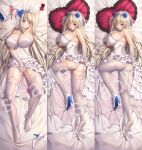  1girl blonde_hair blue_eyes blue_flower blue_rose blush bouquet breasts bridal_veil bride chinese_commentary cleavage commentary_request dakimakura_(medium) dress flower footwear_removed garter_straps gloves hair_flower hair_ornament heart heart_pillow high_heels highres lace-trimmed_dress lace-trimmed_legwear lace_trim large_breasts lexington_(warship_girls_r) long_hair lying on_back on_side open_mouth panties pantyhose pillow ring_box rose sex_toy thighhighs thighs tongue tongue_out typo underwear veil vibrator warship_girls_r wedding_dress white_dress white_gloves white_legwear white_panties yuli_you_gua 