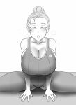  1girl ayako_(twrlare) breasts breath breathing cleavage exercise greyscale limited_palette looking_at_viewer mature_female mole mole_under_eye monochrome open_mouth original sketch spread_legs tied_hair twrlare white_background yoga yoga_mat 