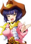  1girl bangs belt black_hair blush breasts character_request copyright_request cowboy_hat fringe_trim hat highres large_breasts long_sleeves looking_at_viewer open_mouth pink_shirt scarf shimejinameko shirt short_hair smile solo yellow_eyes yellow_scarf 