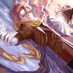  1boy 1girl brown_hair brown_jacket cloud dress dutch_angle facing_away hair_between_eyes highres id_:invaded jacket looking_at_viewer lying on_back parted_lips scarf short_hair water yellow_scarf you_shikage 