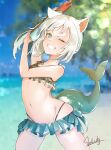  1girl absurdres animal_ears ass_visible_through_thighs bare_arms bare_legs bare_shoulders beach bikini blue_eyes blue_hair cat_ears cowboy_shot fish_tail flat_chest frilled_bikini frills gawr_gura grin highleg highleg_panties highres hololive hololive_english jjjehuty looking_at_viewer midriff multicolored_hair navel one_eye_closed panties shark_girl shark_tail short_hair silver_hair sleeveless smile solo streaked_hair swimsuit tail teeth underwear virtual_youtuber water_gun 