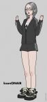  1girl absurdres adidas black_jacket black_shorts braid breasts character_name cleavage collarbone forehead full_body glasses grey_background grey_hair hair_behind_ear highres jacket kson medium_breasts mutant_dog open_hands open_mouth real_life shoes shorts sneakers solo twin_braids 