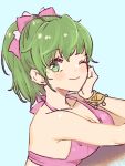  1girl bangs blush bracelet fire_emblem fire_emblem:_genealogy_of_the_holy_war green_eyes green_hair hair_ribbon jewelry kh_(tanakananataka) lene_(fire_emblem) looking_at_viewer one_eye_closed ribbon simple_background smile solo solo_focus upper_body 