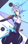  1girl blue_eyes blue_hair breasts eyepatch hair_bun highres ice_horns jellcaps short_hair small_breasts solo theory_(xenoblade) xenoblade_chronicles_(series) xenoblade_chronicles_2 