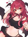  1girl alternate_costume bangs bare_shoulders bikini black_bikini black_choker breasts chikuwa_(tikuwaumai_) choker cleavage closed_mouth collarbone commentary_request crop_top cup drinking_straw eyebrows_visible_through_hair food frappuccino fruit hair_between_eyes hand_in_hair hand_up head_wings heart heart_choker highres holding holding_cup koakuma large_breasts long_hair looking_at_viewer multicolored multicolored_nails nail_polish no_navel red_eyes red_hair simple_background smile solo strawberry swimsuit touhou upper_body white_background 