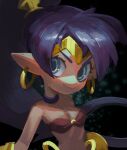  1girl blue_eyes blue_hair breasts cleavage dark-skinned_female dark_skin earrings floating_hair gold_headband hoop_earrings jewelry long_hair pointy_ears shantae_(character) shantae_(series) small_breasts smirk solo strapless topdylan tubetop upper_body v-shaped_eyebrows 