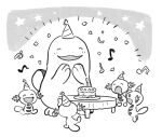  blush cake candle commentary_request fire flame food gen_2_pokemon greyscale hands_up happy hat hatted_pokemon korean_commentary monochrome musical_note no_humans open_mouth party_hat plate pokemon pokemon_(creature) quagsire rnehrdyd1212 smile standing table toes tongue wooper |d 