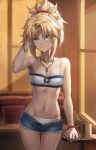  1girl bandeau bangs bare_shoulders bead_bracelet beads blonde_hair blue_shorts bracelet breasts collarbone commentary_request denim denim_shorts fate/apocrypha fate_(series) green_eyes grin hair_ornament hair_scrunchie highres jewelry long_hair looking_at_viewer mordred_(fate) mordred_(fate)_(all) navel necklace open_fly pants parted_bangs pendant ponytail red_scrunchie scrunchie short_shorts shorts sidelocks small_breasts smile solo tonee torn_clothes torn_pants 